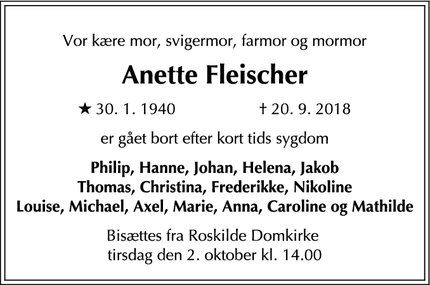 Dødsannoncen for Anette Fleischer - Roskilde