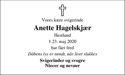 Dødsannoncen for Anette Hagelskjær - Bording