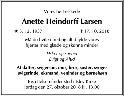 Dødsannoncen for Anette Heindorff Larsen - Rødovre