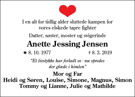 Dødsannoncen for Anette Jessing Jensen - Gørding