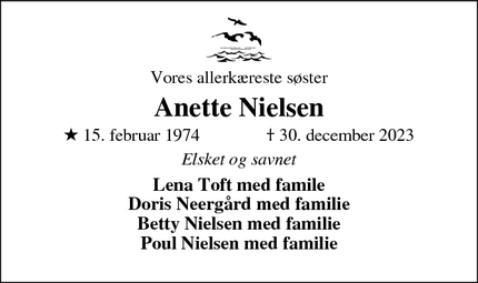 Dødsannoncen for Anette Nielsen - VARDE