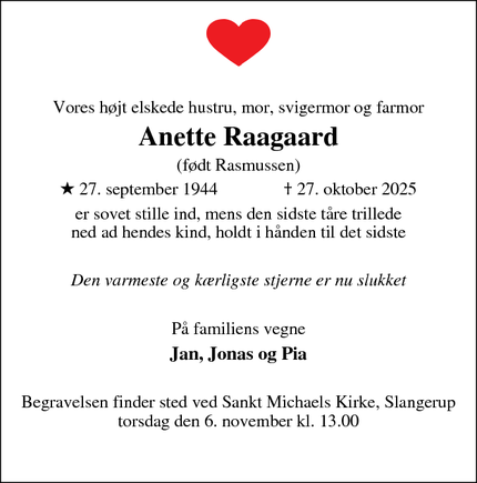 Dødsannoncen for Anette Raagaard - Ølsted (Slangerup)