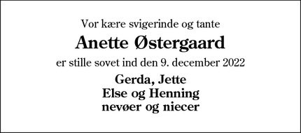 Dødsannoncen for Anette Østergaard - Esbjerg