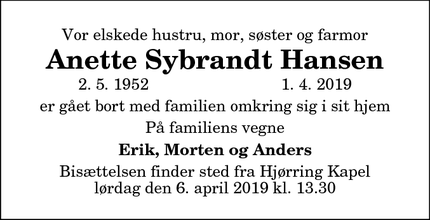 Dødsannoncen for Anette Sybrandt Hansen - Hjørring