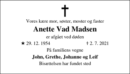 Dødsannoncen for Anette Vad Madsen - Esbjerg V
