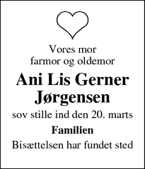 Dødsannoncen for Ani Lis Gerner Jørgensen - Assens