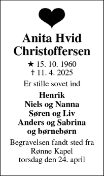 Dødsannoncen for Anita Hvid Christoffersen - Frederikssund