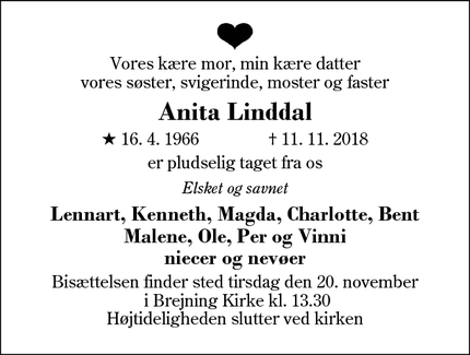 Dødsannoncen for Anita Linddal - Kibæk