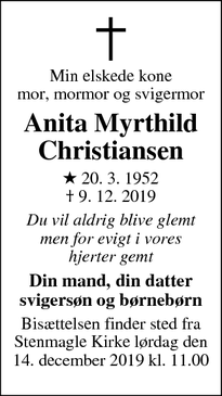Dødsannoncen for Anita Myrthild Christiansen - Rønnede