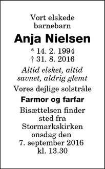 Dødsannoncen for Anja Nielsen - Nakskov