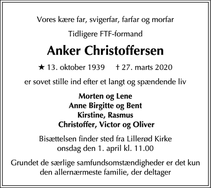 Dødsannoncen for Anker Christoffersen - Allerød