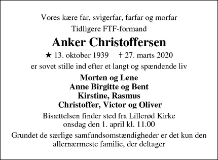 Dødsannoncen for Anker Christoffersen - Allerød
