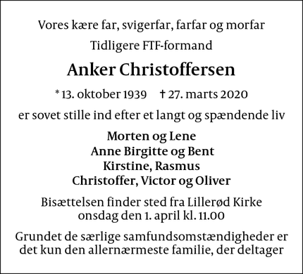 Dødsannoncen for Anker Christoffersen - Allerød