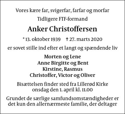 Dødsannoncen for Anker Christoffersen - Allerød