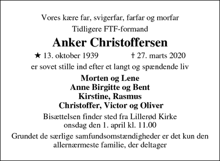 Dødsannoncen for Anker Christoffersen - Allerød