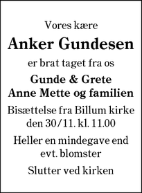 Dødsannoncen for Anker Gundesen - Billum