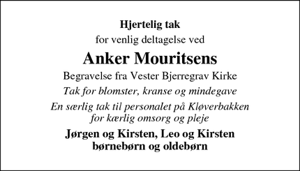 Dødsannoncen for Anker Mouritsens - Bjerregrav 9632 Møldrup
