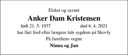 Dødsannoncen for Anker Dam Kristensen - Søving