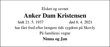 Dødsannoncen for Anker Dam Kristensen - Søving