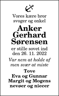 Dødsannoncen for Anker
Gerhard
Sørensen - Frederikshavn