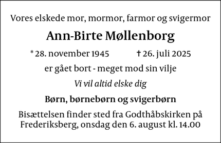 Dødsannoncen for Ann-Birte Møllenborg - Frederiksberg