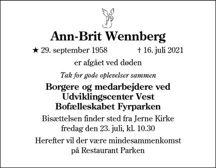 Dødsannoncen for Ann-Brit Wennberg - Esbjerg
