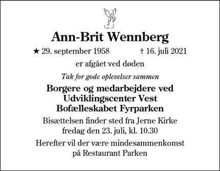 Dødsannoncen for Ann-Brit Wennberg - Esbjerg