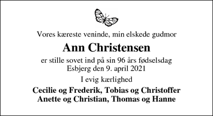 Dødsannoncen for Ann Christensen - Esbjerg