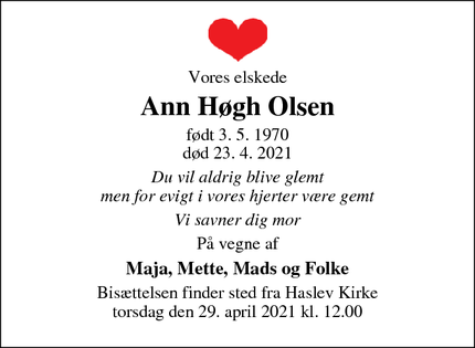 Dødsannoncen for Ann Høgh Olsen - Haslev