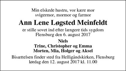 Dødsannoncen for Ann Lene Løgsted Meinfeldt - Flensburg