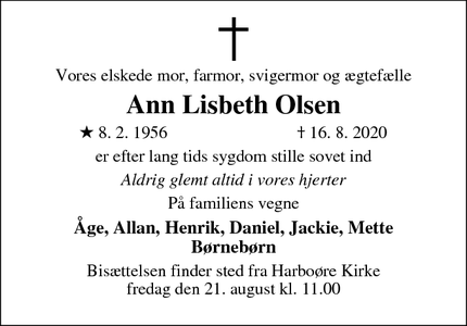 Dødsannoncen for Ann Lisbeth Olsen - Harboøre