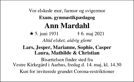 Dødsannoncen for Ann Mardahl - Aarhus C