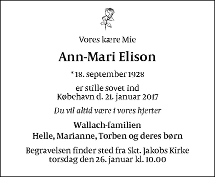 Dødsannoncen for Ann-Mari Elison - Sorø