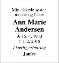 Dødsannoncen for Ann Marie Andersen - københavn