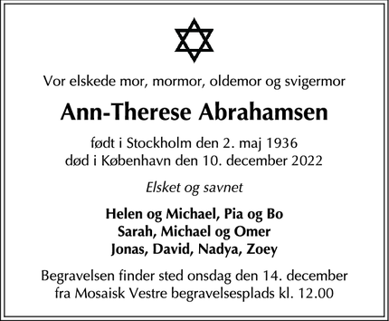 Dødsannoncen for Ann-Therese Abrahamsen - København