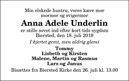Dødsannoncen for Anna Adele Underlin - Aalborg