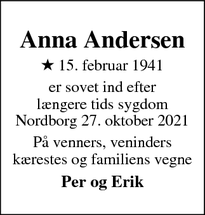 Dødsannoncen for Anna Andersen - Vester Skerninge