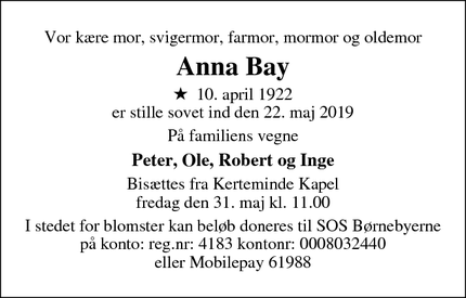 Dødsannoncen for Anna Bay - Munkebo