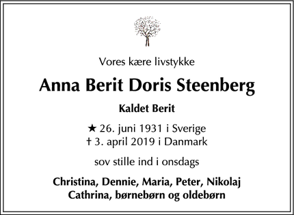 Dødsannoncen for Anna Berit Doris Steenberg - Gentofte