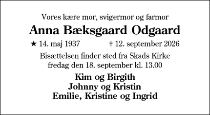 Dødsannoncen for Anna B&aelig;ksgaard Odgaard - Vejle