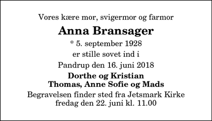 Dødsannoncen for Anna Bransager - Pandrup
