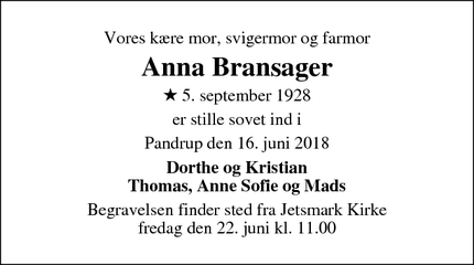 Dødsannoncen for Anna Bransager - Pandrup