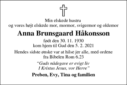 Dødsannoncen for Anna Brunsgaard Håkonsson - Allerød