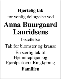 Taksigelsen for Anna Buurgaard Lauridsens - Ringkøbing
