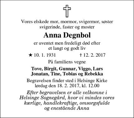 Dødsannoncen for Anna Degnbol - Helsinge