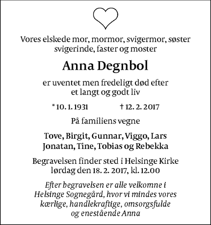 Dødsannoncen for Anna Degnbol - Helsinge