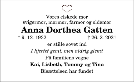 Dødsannoncen for Anna Dorthea Gatten - Astrup 