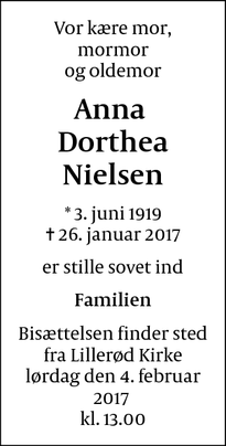 Dødsannoncen for Anna  Dorthea Nielsen - Allerød