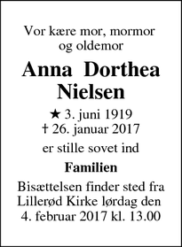 Dødsannoncen for Anna  Dorthea Nielsen - Allerød