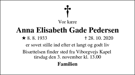 Dødsannoncen for Anna Elisabeth Gade Pedersen - Holstebro